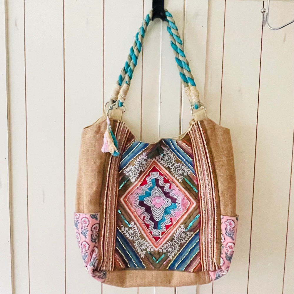XAKANI Boho Jute Tote Bag Embroidered Beaded Sequin Tribal Tote Shoulder Bag